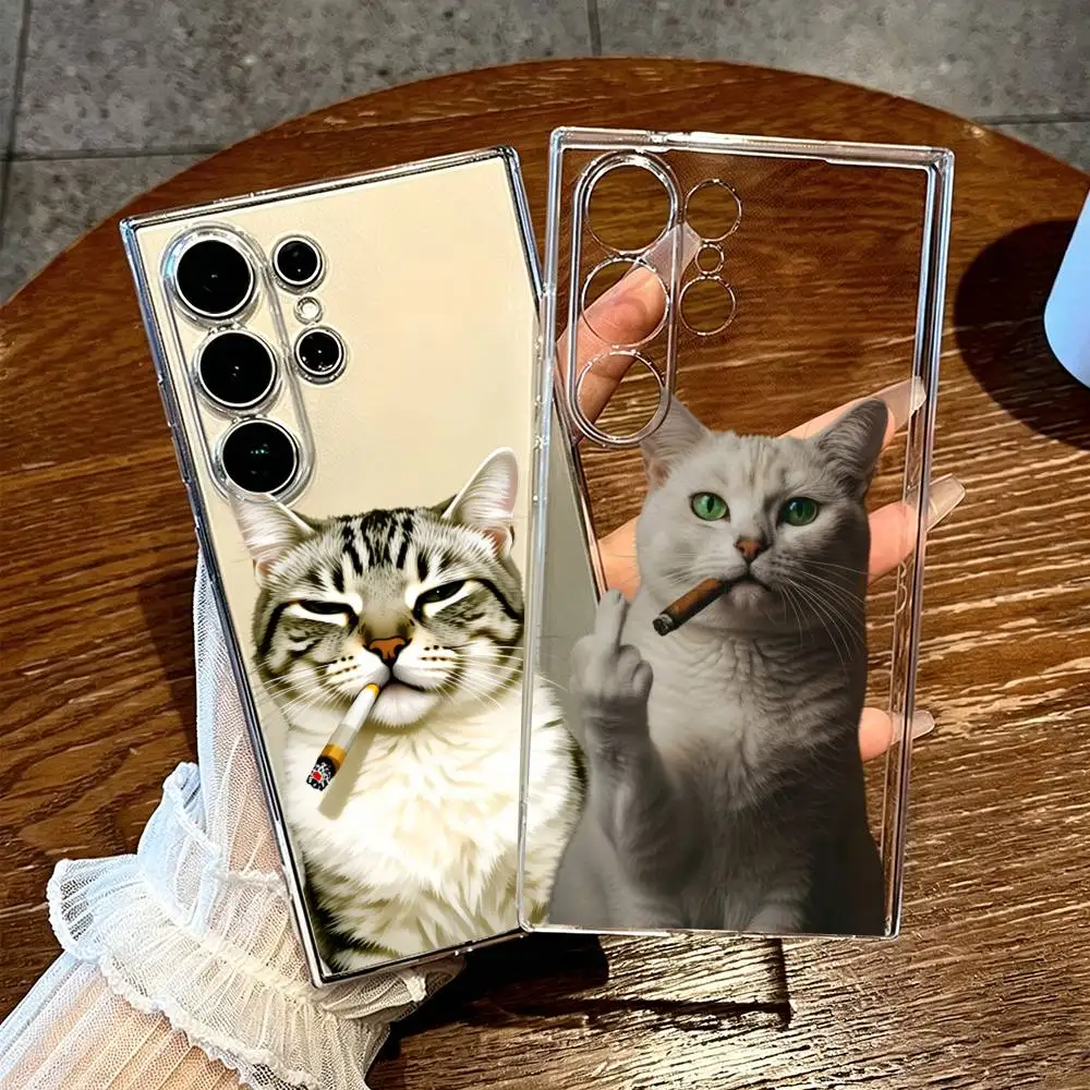 Smoking Cat Shatterproof Non-slip GripTransparent Printed Phone Case For Samsung S25