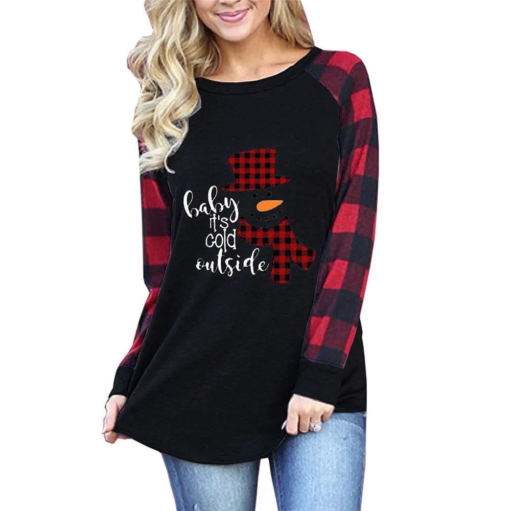 2024 Europe and the United States Spring and autumn women\'s Christmas printed round neck plaid long-sleeved top T-shirt