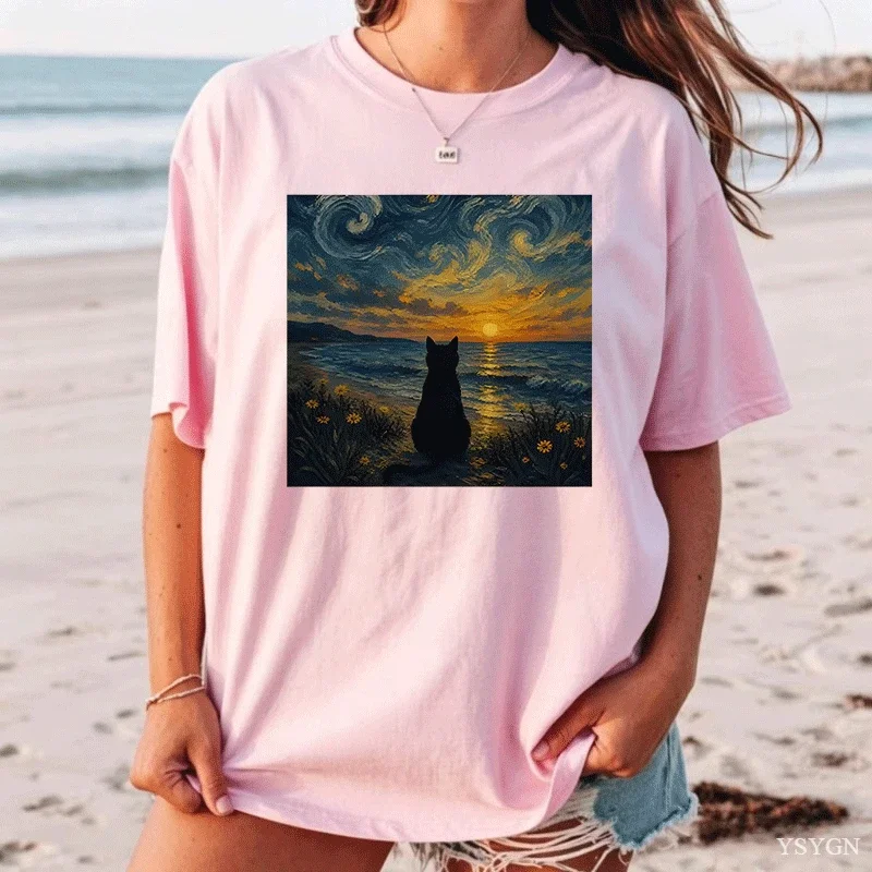 Summer Black Cat Graphic T Shirts Retro Ocean Sunset Cat Tee Van Gogh Cat Lovers T-shirt Men Women Causal Crewneck Tshirts