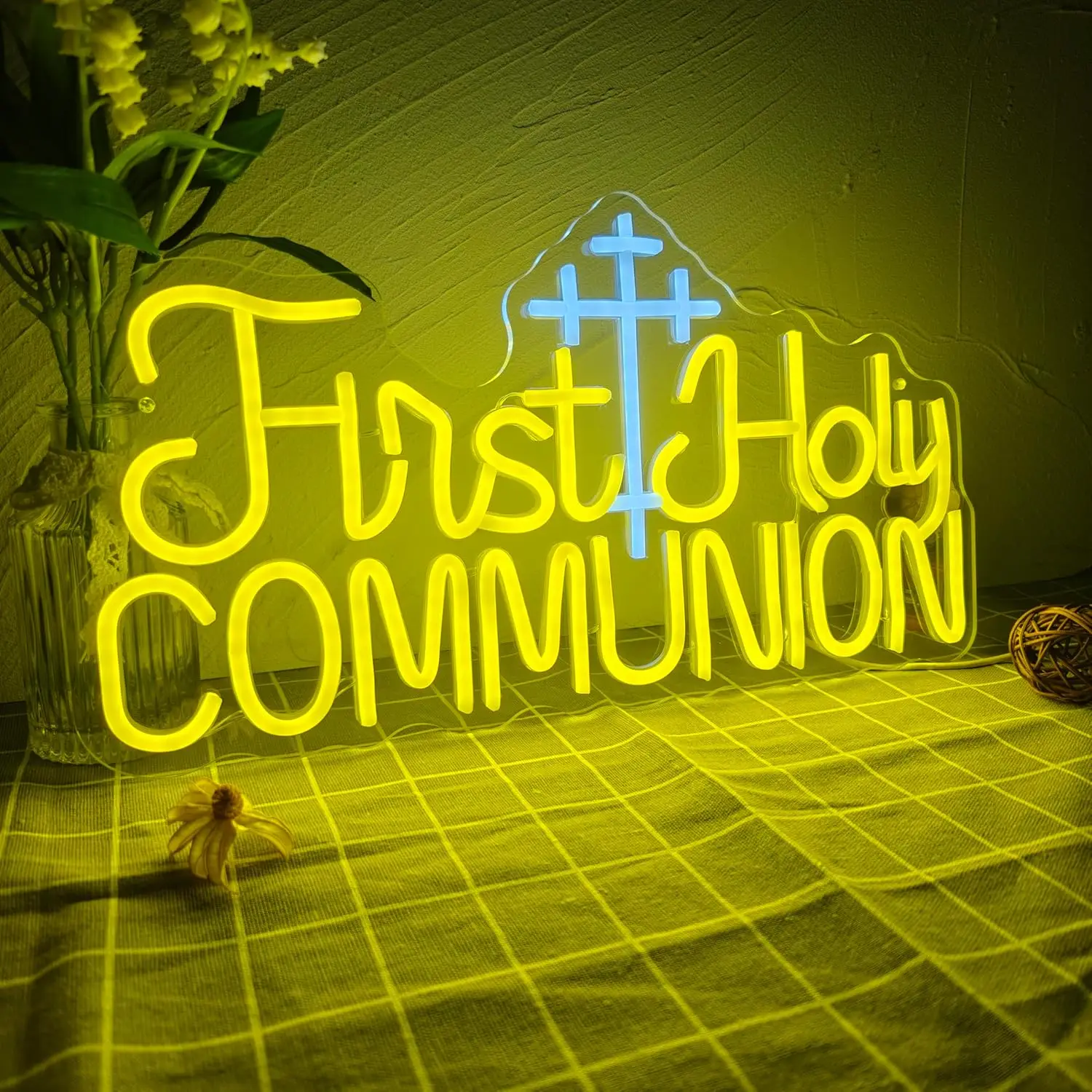 

First Holy Communion Neon Sign USB Powered Dimmable Neon Light for Girls Baptism Party Bedroom Wall Decor Night Light