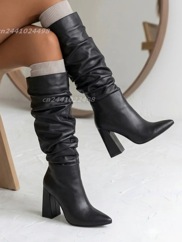 Elegant Slouchy Ruched Knee High Boots for Women, Pointed Toe Chunky Block Heel Boots Matte Leather Solid Color Daily Wear Shoe