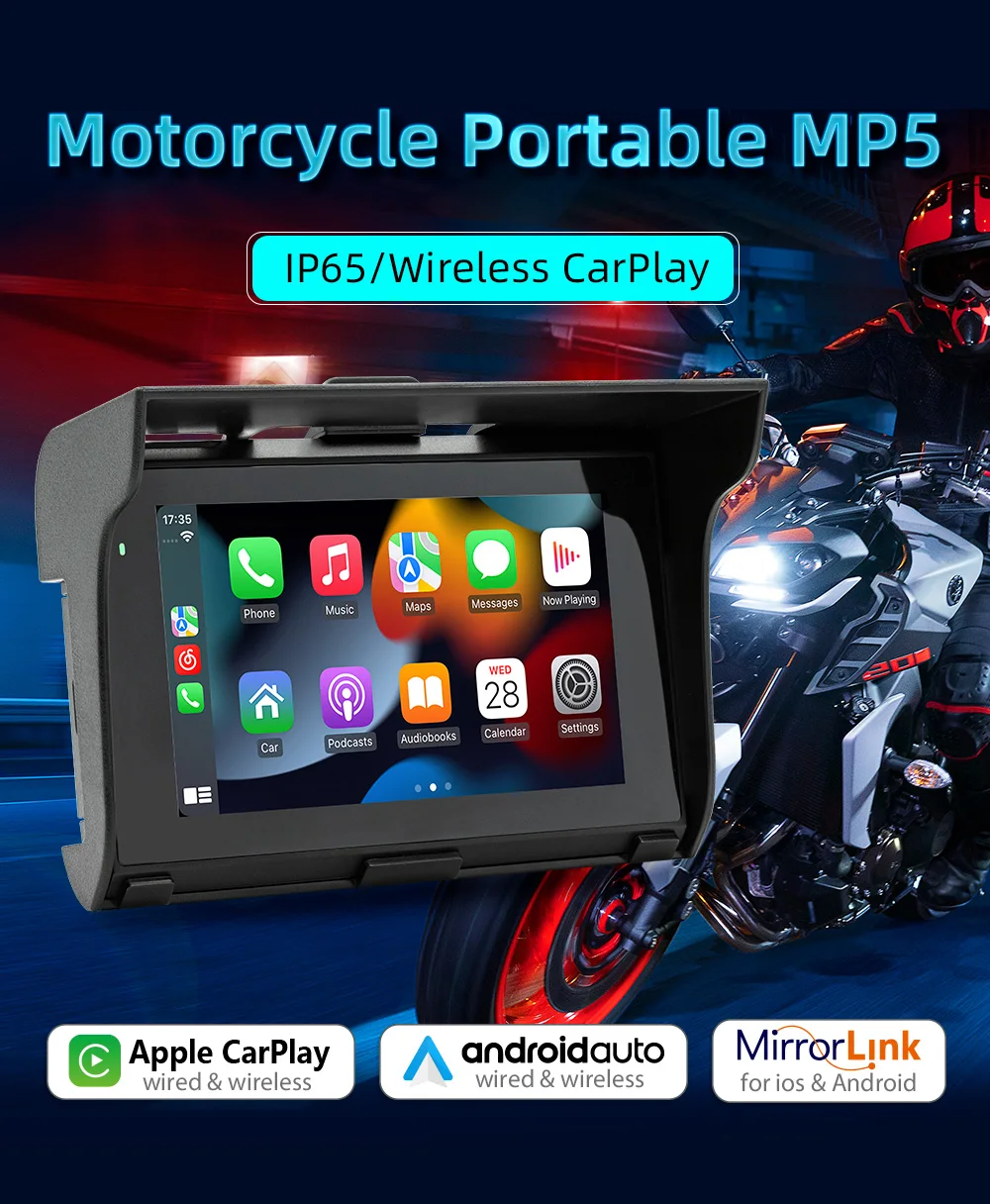 

5Inch Motorcycle GPS Navigator Dash Cam Wireless Carplay Car IP65 Waterproof Radio Multimedia Video Player Portable MP5 Player