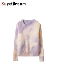 SuyaDream Women Mohair Pullovers Wool Blend O Neck Printed Sweaters 2023 Fall Winter Fashionable Top Purple