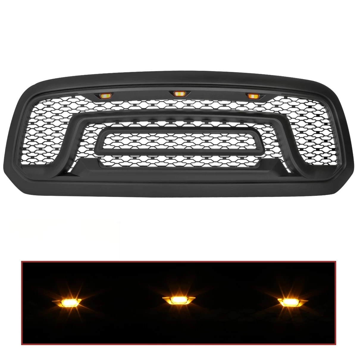 Hood Grille Fits 2013-2018 Dodge Ram 1500 Front w/ Amber LED Lights