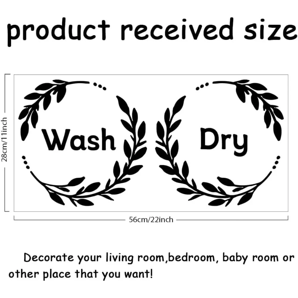 Black Laundry Wall Stickers Wash & Dry Quotes Decal Laundry Decor wirh Wreath Wall Art Decal Sticker for Laundry