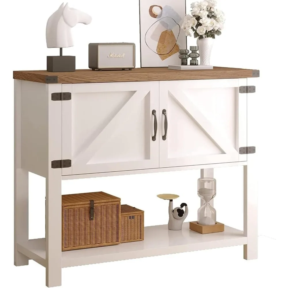 طاولة مدخل على طراز المزرعة البيضاء مع مساحة تخزين، وخزانة بوفيه جانبية ببابين تتميز بالرف السفلي