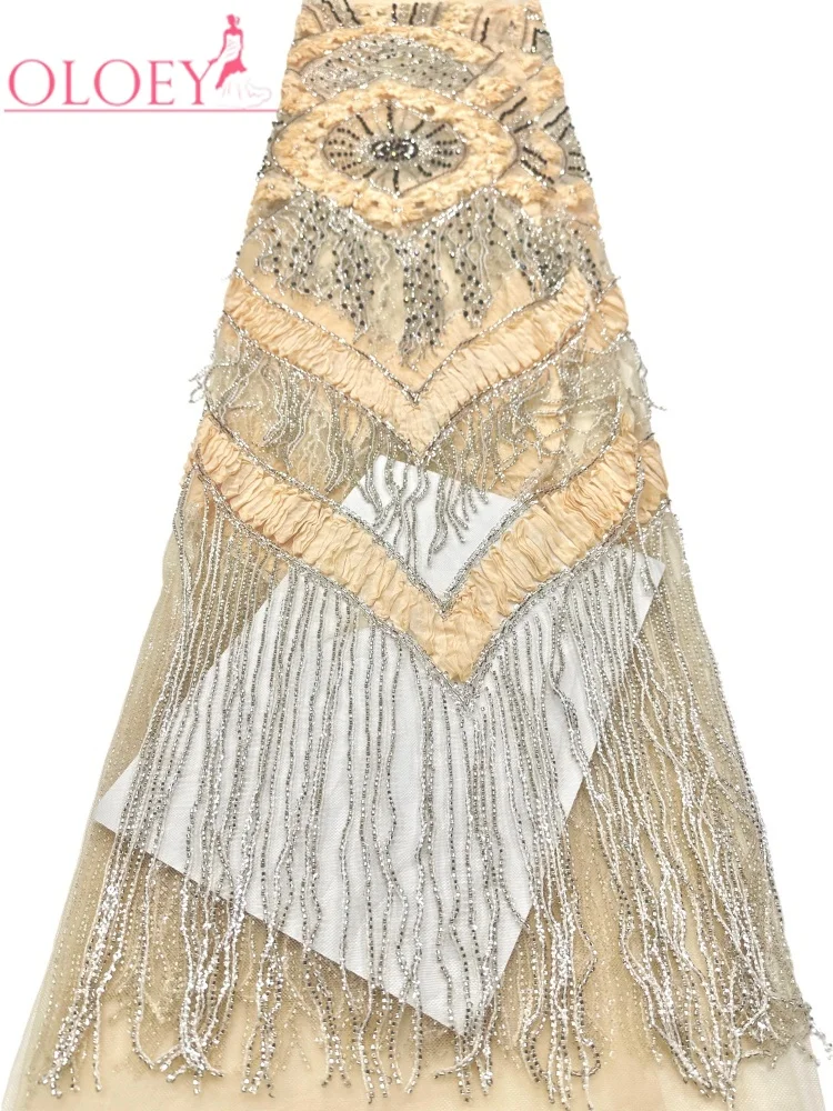 OLOEY Luxury French Nigerian 3D Beaded Tulle Lace Fabric  High Quality African Sequins Lace Fabric For Wedding Party Sew