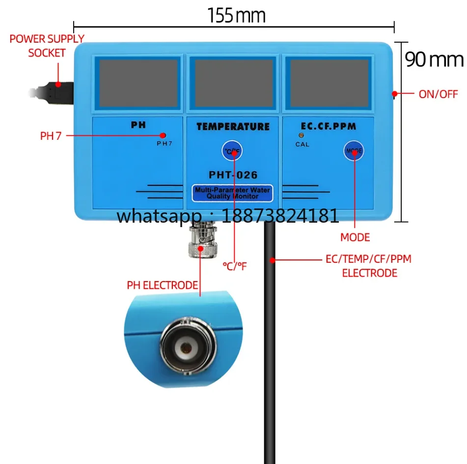 PH-026 Wall Mount Waterproof and Dustproof Multi-parameter 5 in 1 Three Large LCD Screen Water Quality for Aquarium fast shippin