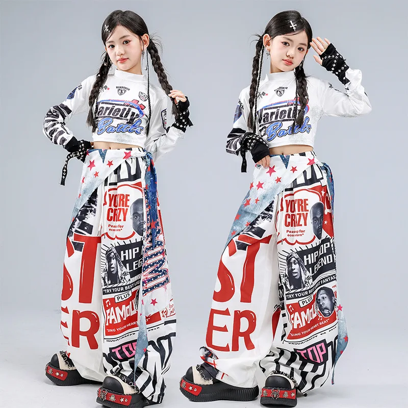 Kid Kpop Hip Hop Clothing White Print Long Sleeve Crop T Shirt Top Graffiti Dopamine Pants for Girl Street Dance Costume Clothes view 3