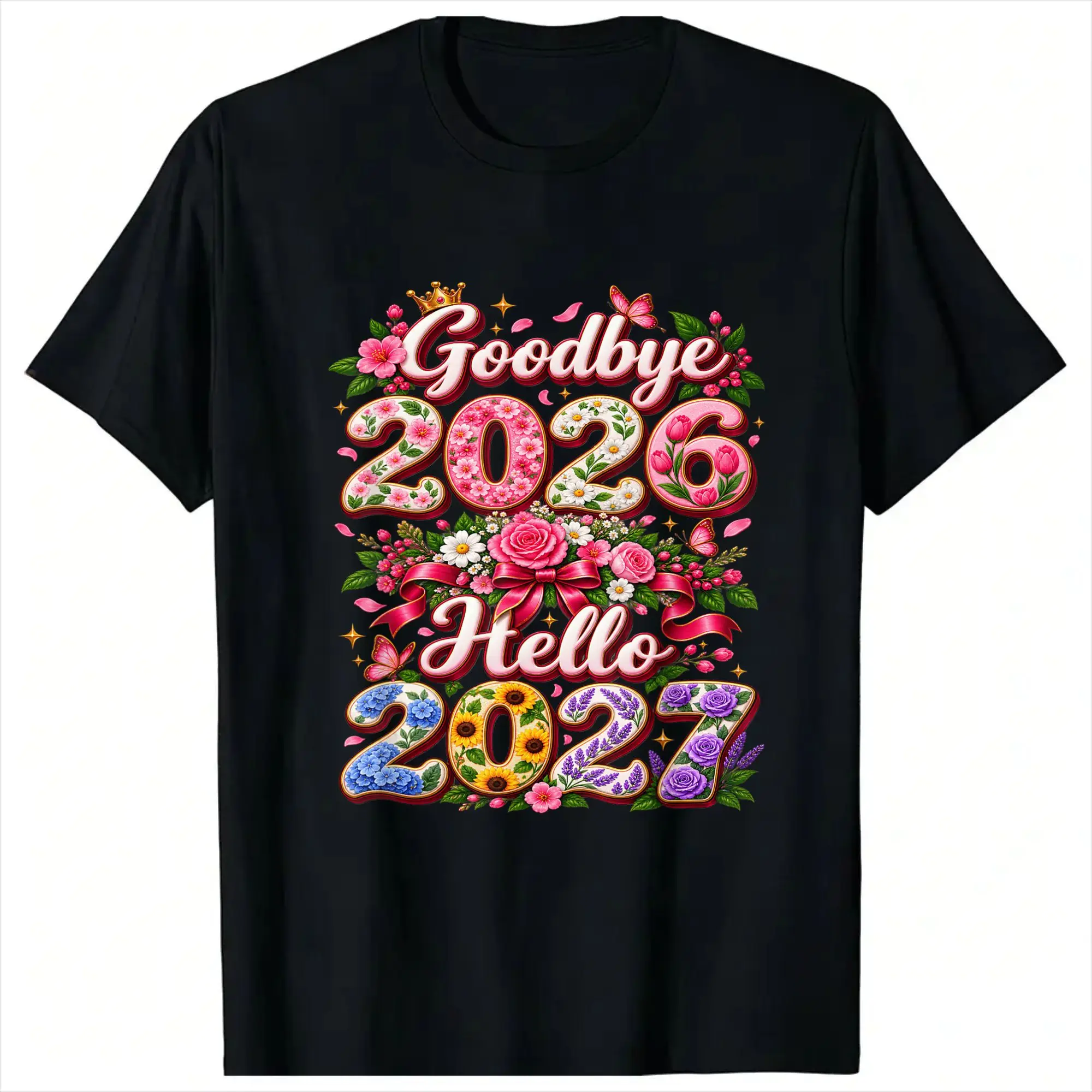 Vintage 2027 Floral Goodbye 2026 Hello 2027 T-Shirt for Men Round Neck Cotton T Shirts  Short Sleeve Tee Shirt New Arrival Tops