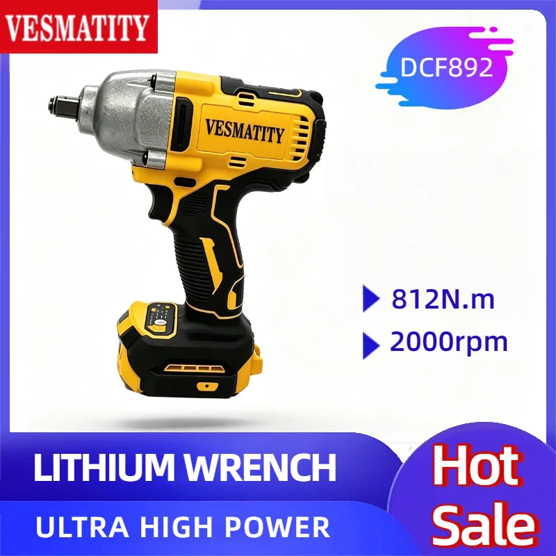 Vesmatity DCF892 High Torque 812N.m Cordless Impact Wrench 1/2'' 2000RPM Stepless Speed Electric Power Tool for DeWALT Battery