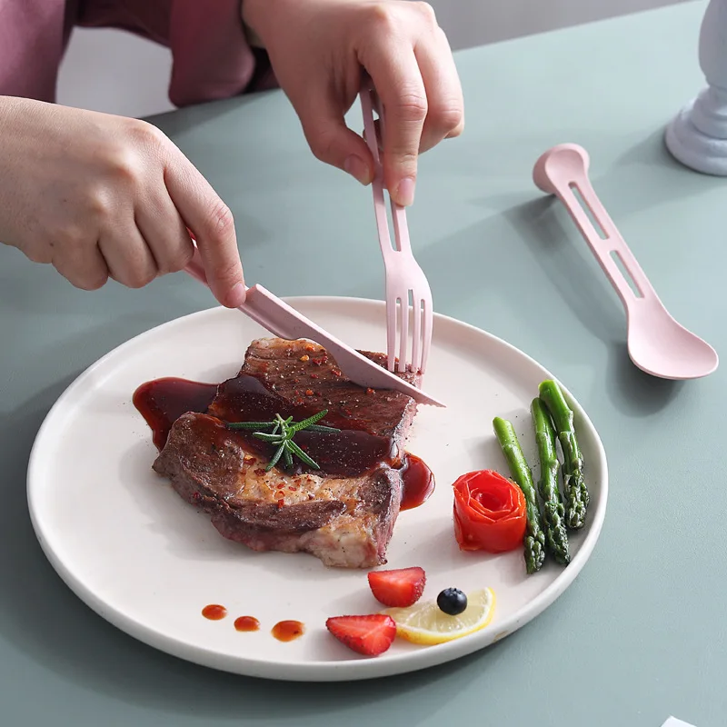 3pcs/set 3 in 1 Travel Portable Cutlery Set Japan Style Wheat Straw Knife Fork Spoon Student Dinnerware Sets Kitchen Tableware