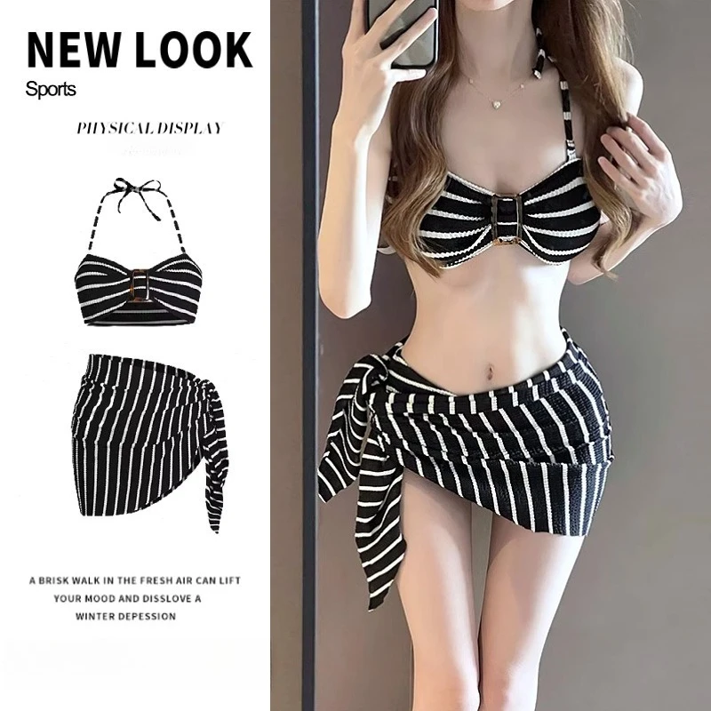 

Swimsuit Women's 2025 New Split Neck Gathering Split Black Striped Vacation Bikini Hot Spring Bathing Suit Swimwear Women