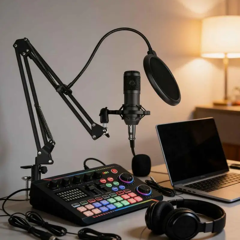 Audio Interface Soundkarte Set mit Kondensatormikrofon Schwarz Schwenkarm für Live Streaming Podcast – Bild 6