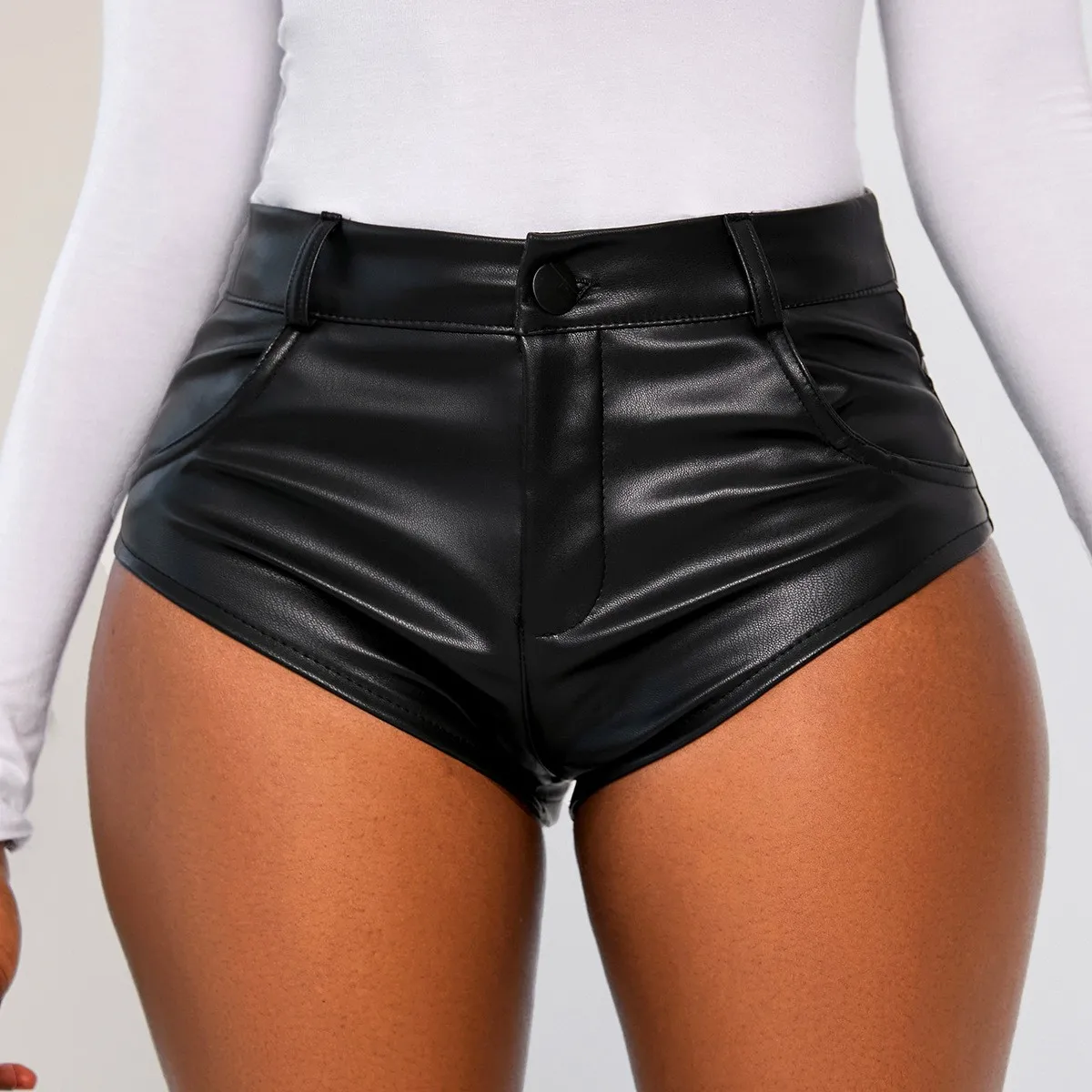 Women's High Waist Straight Leg PU Leather Capri Shorts with Ruched Detail and Zipper – Cheap Women's Clothing Free Shipping