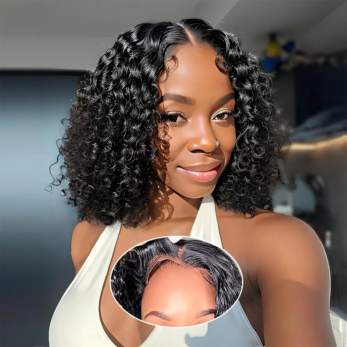 

Short Bob Wig 100% Human Hair T Part Lace Front Wig Deep Wave Bobble Head Wig Pre Plucked Ready To Wear Natural Black Color Soft