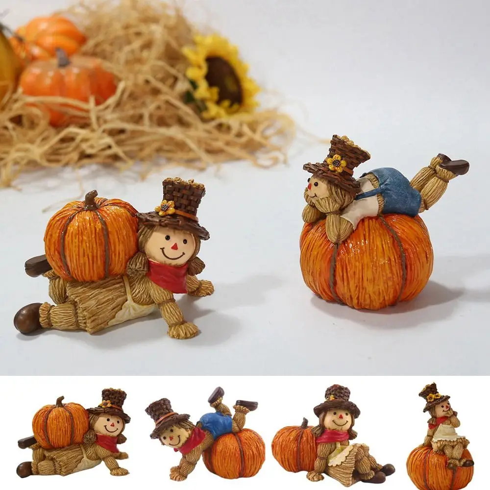 Resin Pumpkin Scarecrow Ornaments Decorative Boys And Girls Unique Pumpkin Statue Lovely Harvest Day