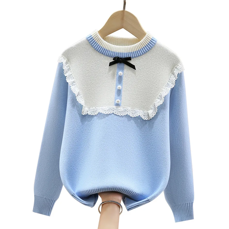 

Fashion Girls Lace Sweaters 2022 Autumn Winter Kids Knitted Thicken Warm Pullovers For Age 4-15 Years Clothes Can Match Velvet