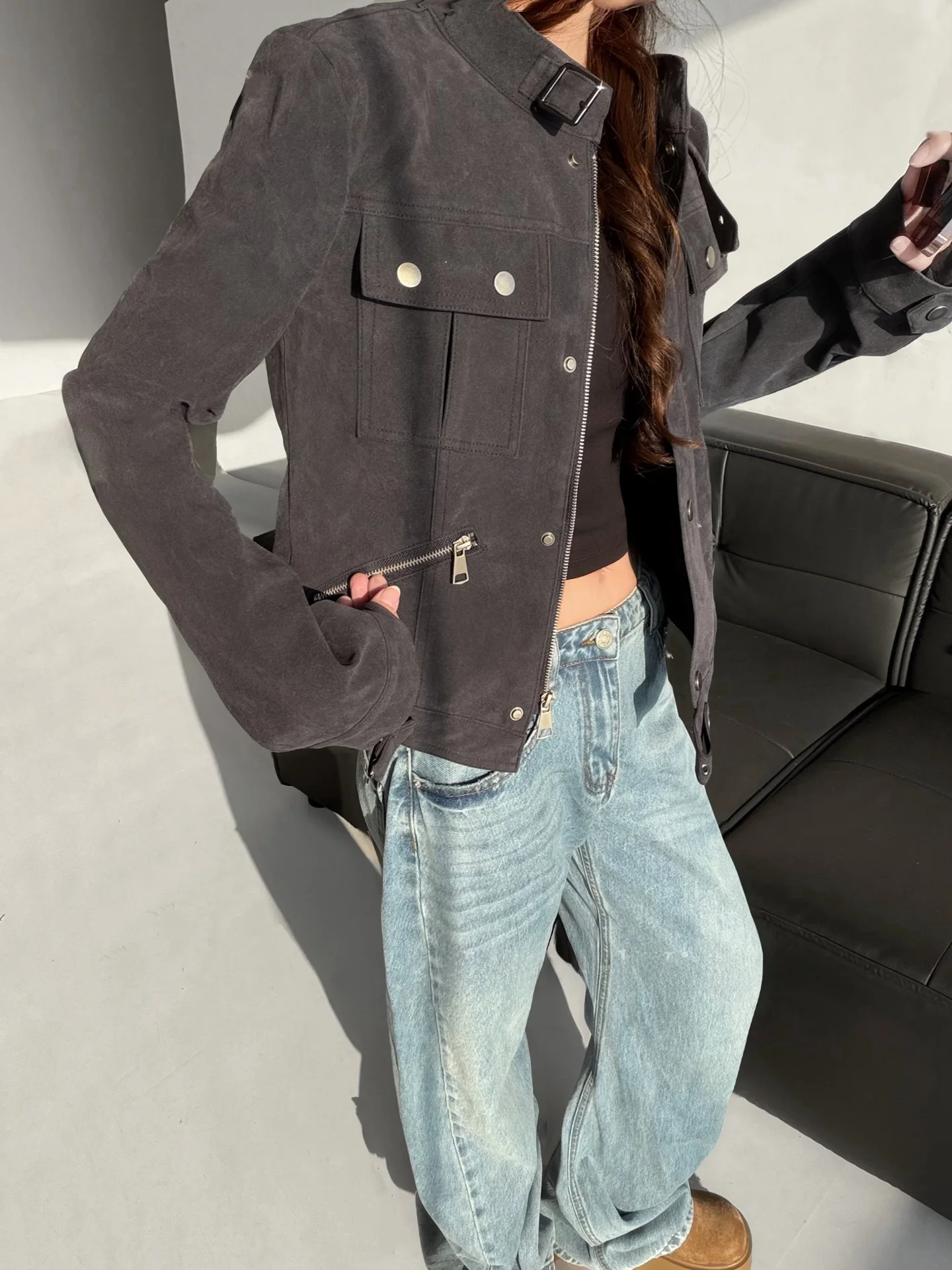 حار فتاة Sle الأمريكية الرجعية الجلد المدبوغ ort Jaet المرأة oulder طول السائق معطف زر إغلاق ort ملابس العمل الجلود J...