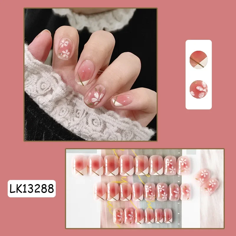 

24Pcs/Set Ice Transparent Nude Powder Press on Nail Halo Flower Design Wearing False Nails Gentle Wind Removable Fake Nails Tips