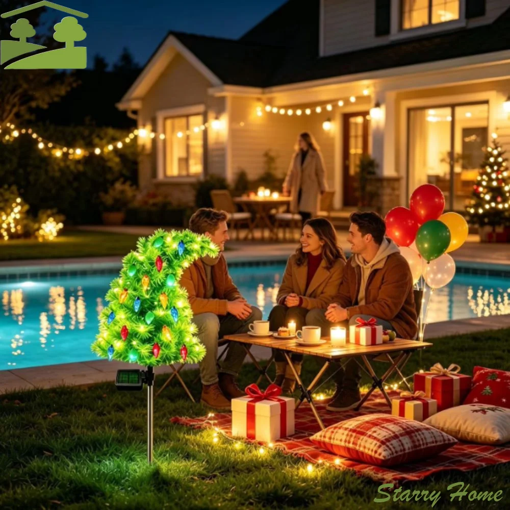 Weatherproof Solar Christmas Tree With Ground Stakes Waterproof Solar Pathway Lights Funny Shape Solar Powered Night Lamp Garden