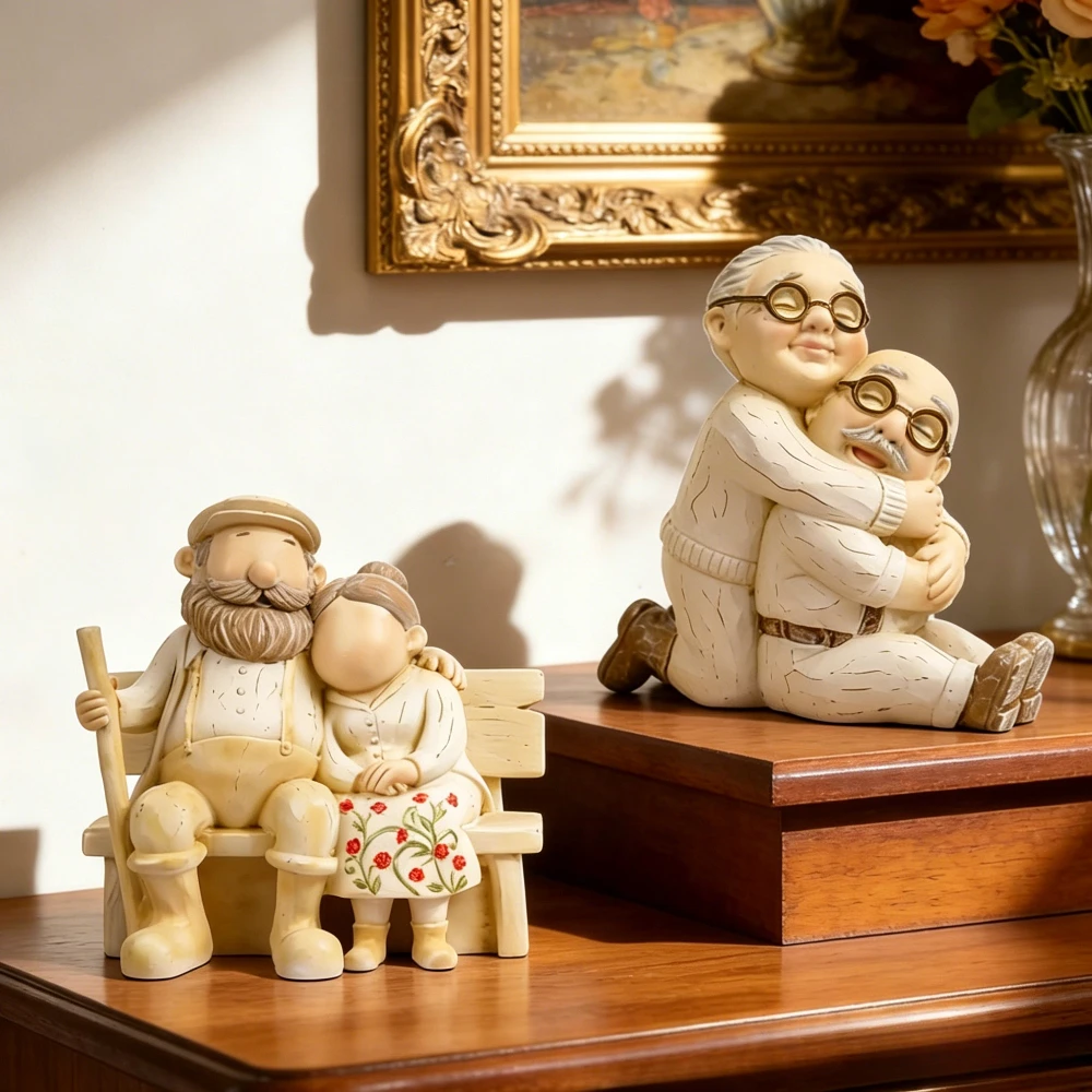 Resin Figurine Craft Gift for Grandparents and Parents Sitting on a Bench Ideal for Festive Decorations as Sculpture Ornaments
