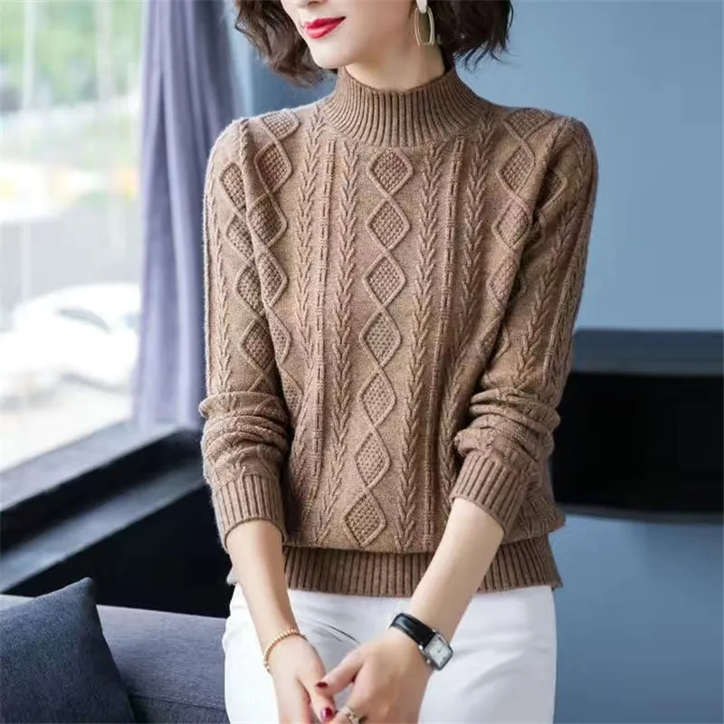 

Vintage Bottoming Knit Pullovers For Women New Half High Neck Warm Winter Knitwears Long Sleeve Tops Femme Pull Sweaters