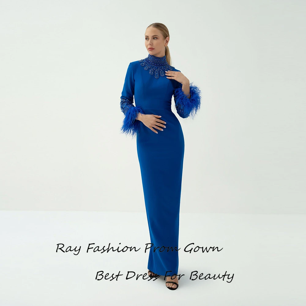 

Роскошные платья для выпускного вечера Ray с высоким воротом и перьями и кристаллами для длиной до щиколотки, вечерние платья в арабском стиле с разрезом
