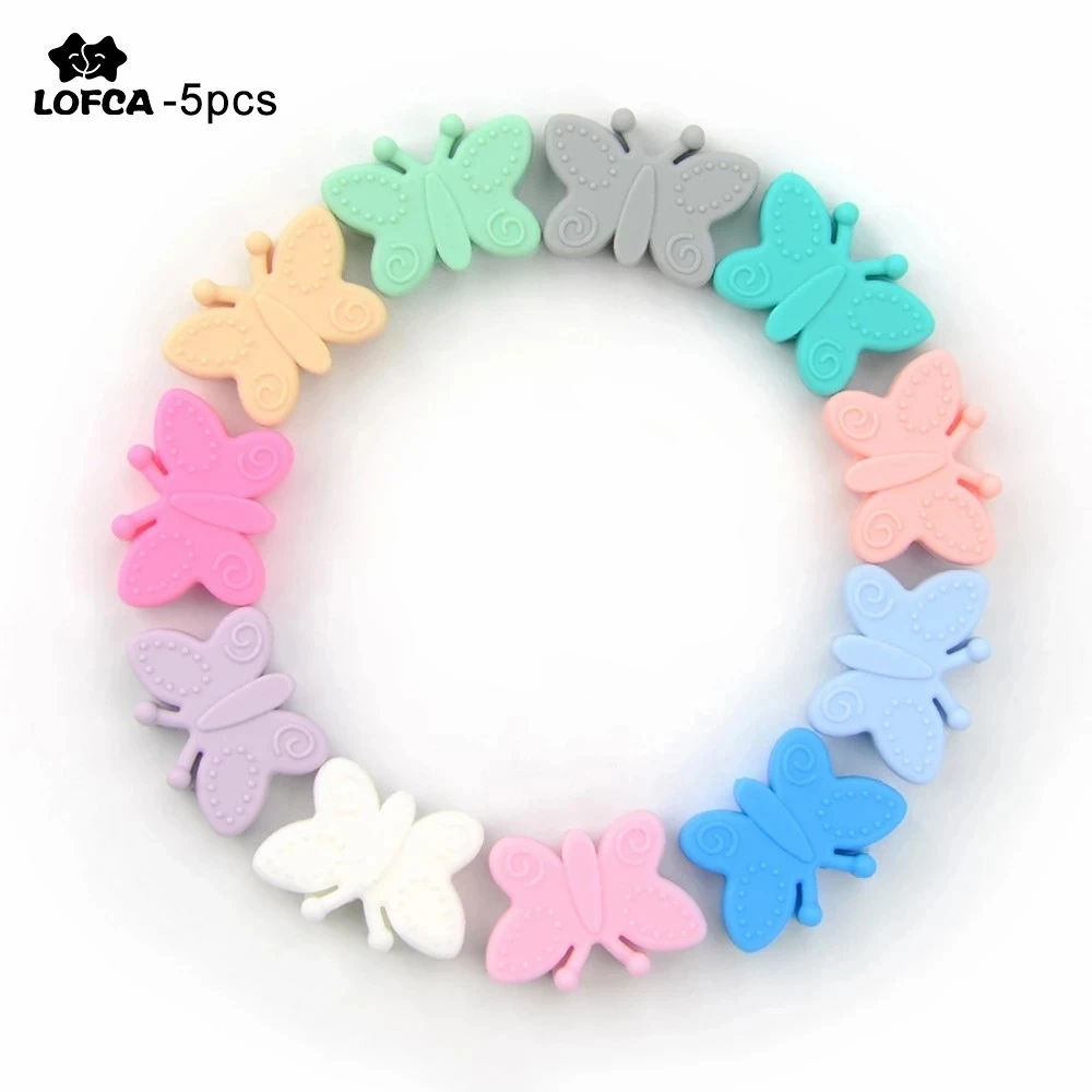 

LOFCA 5PCS Butterfly Beads Silicone BPA Free Baby Teether Accessories For Teething Necklace Pacifier Clip DIY Nusring Gift Chew