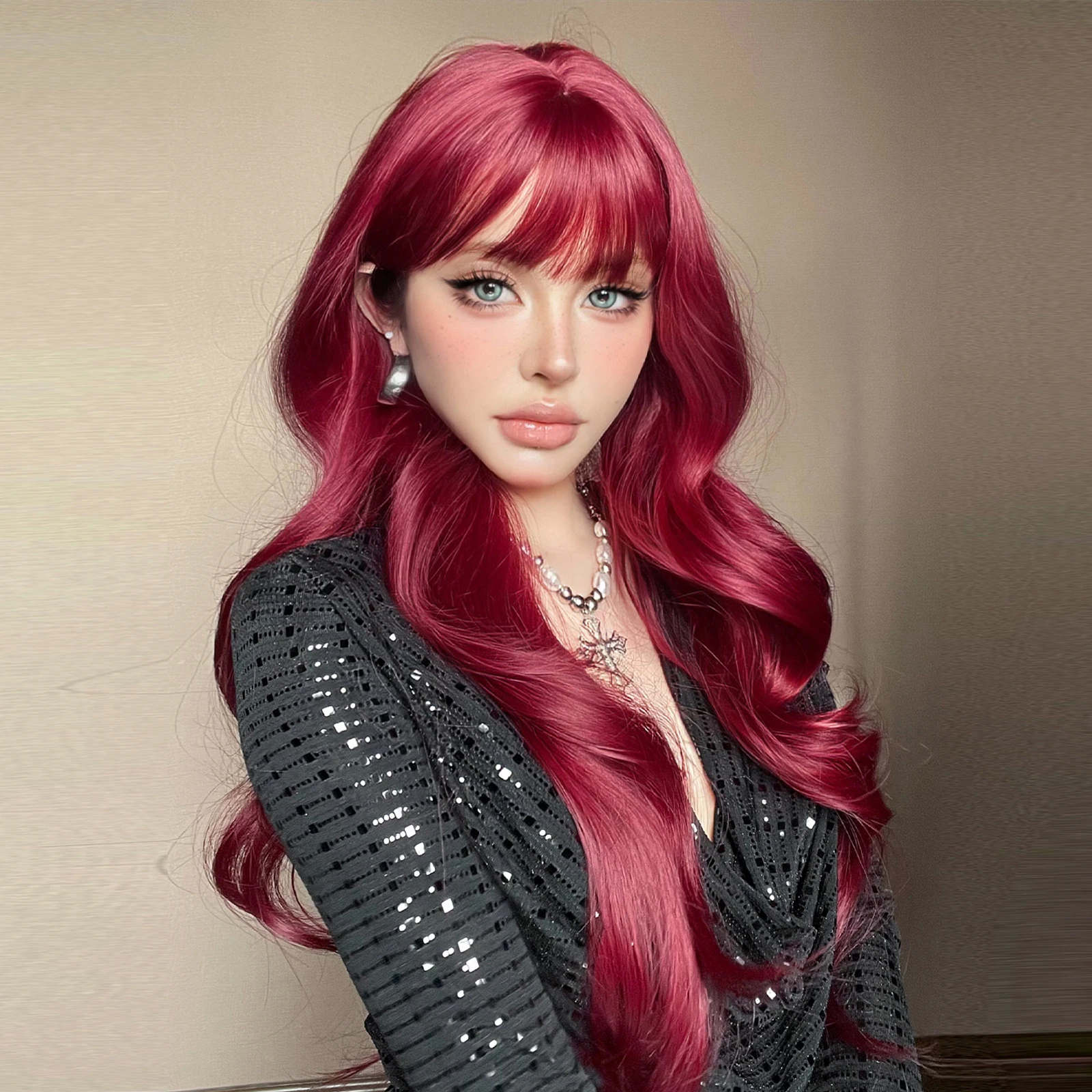 Long Burgundy Water Wave Synthetic Hair Wigs with Full Bangs for White Women Cosplay Wig High Temperature Fiber