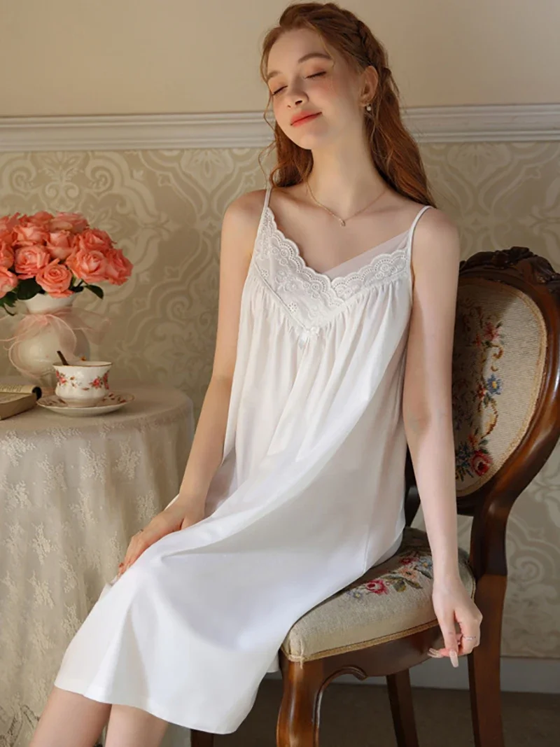 French Princess Nightwear Sleepwear Camisole Sweet Girls Cotton Sexy Backless Summer V-Neck Fairy Victorian Nightgowns for Women