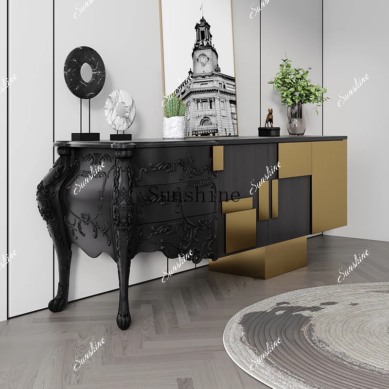 

French light luxury dining side solid wood antique relief art design home entrance cabinet table FT