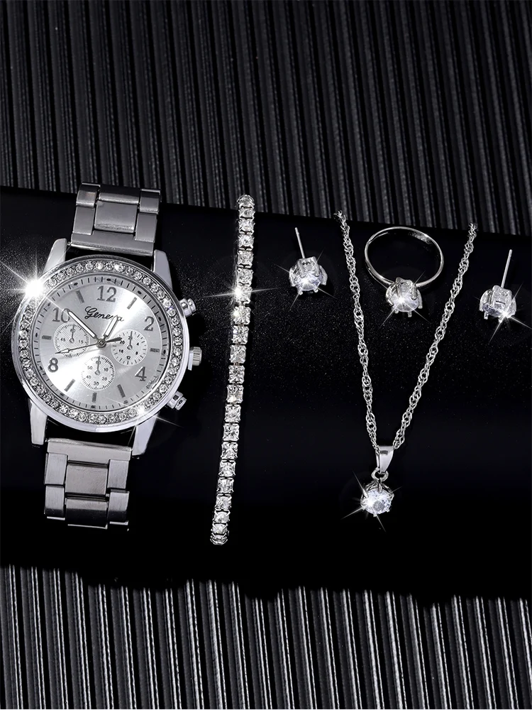 Fashionable and versatile diamond inlaid rhinestone, quartz steel bracelet watch, necklace, earrings, ring, bracelet, 6 pieces