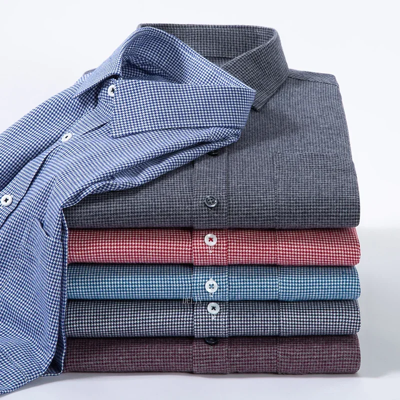 2024 Men Checkered Brushed Fabric Square Collar Regular Fit Pure Cotton Long Sleeve Shirt for Comfortable Business Causal New