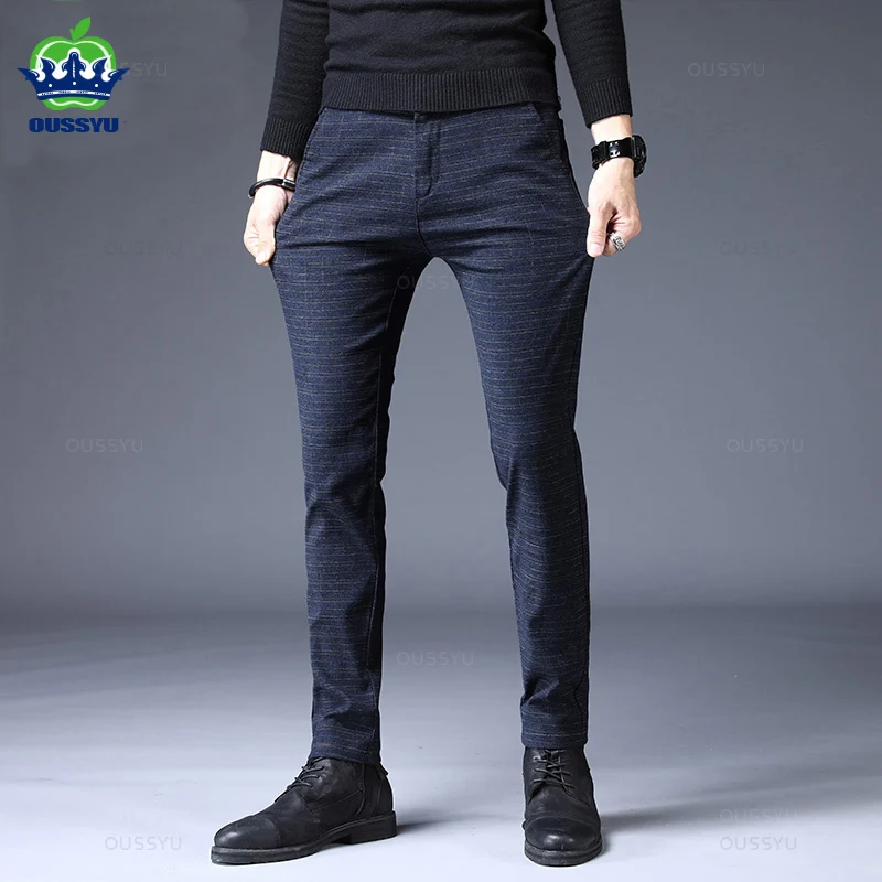 

OUSSYU Design Men's Casual Pants Slim Cotton Pant Straight Trousers Male Blue Black Fashion Stretch Business Plus Size 28-38