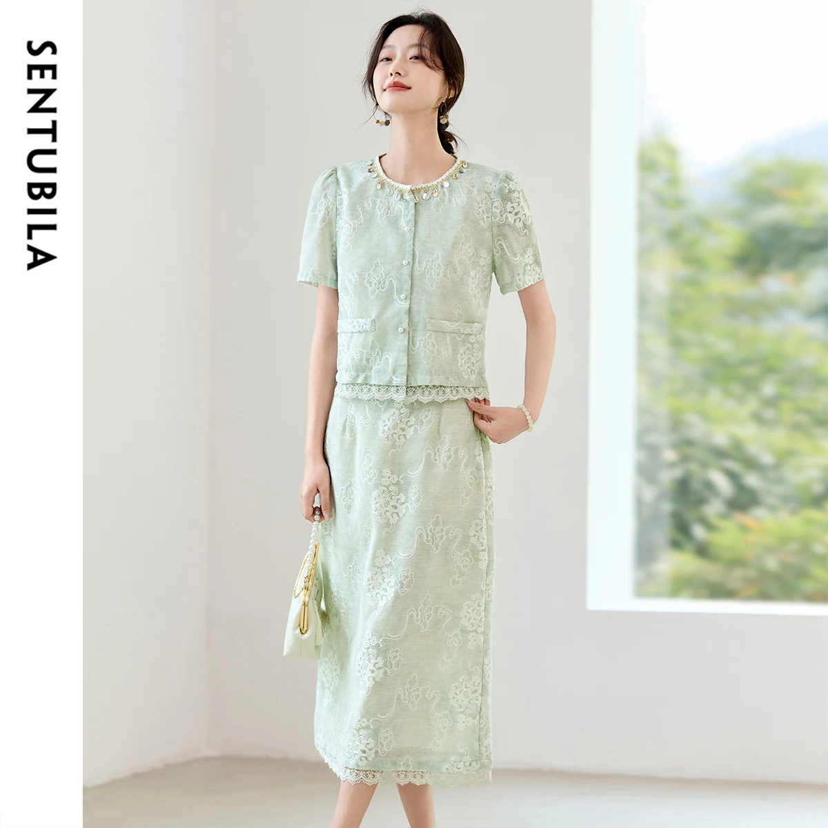 

SENTUBILA 2025 Summer Women's Suit With Skirt 2 Piece Sets Outfit Shell Bead Embroidery Pattern Linen Woman Clothing T52ZC1912