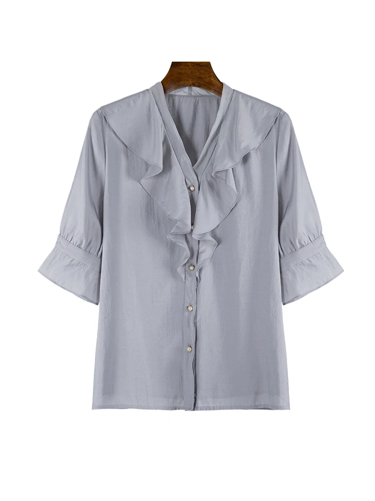 2024 Summer Grey Ruffle Chiffon Top for Women Flared Sleeve Loose Plus Size Button-down Shirts Elegant Slim Office Woman Blouses