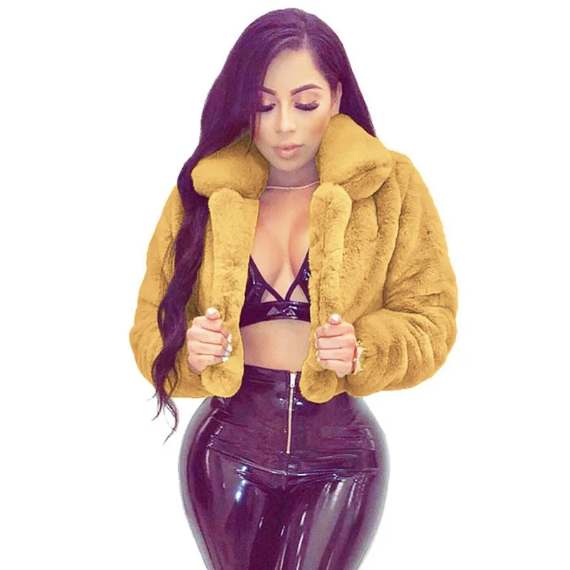 Fashion Faux Fur Women Coat Lapels Crop Jackets Women's Clothing Autumn Winter Solid Long Sleeve Thicken Warm Fluffy Plush Tops