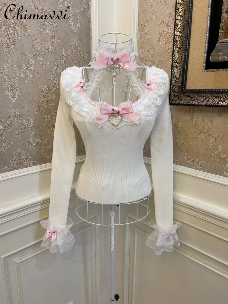 

Sweet Princess Bow Love Rose Flower Lace Edge Knited Top Autumn New Fashion Flared Sleeves Sleeve Slim-Fit Halter Y2K Sweater