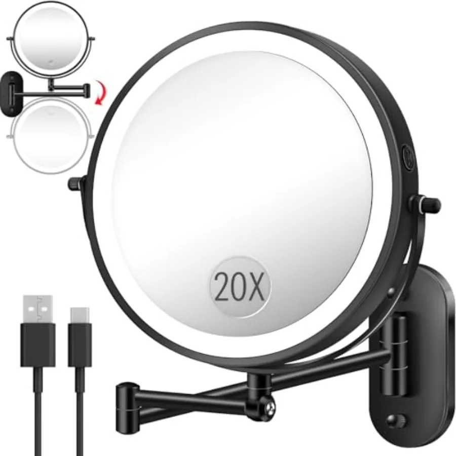 

9" Wall Mounted Makeup Mirror with Light, 20X/1X Height Adjustable Double Sided Magnifying Bathroom Lighted Mirror, 3 Color Tou