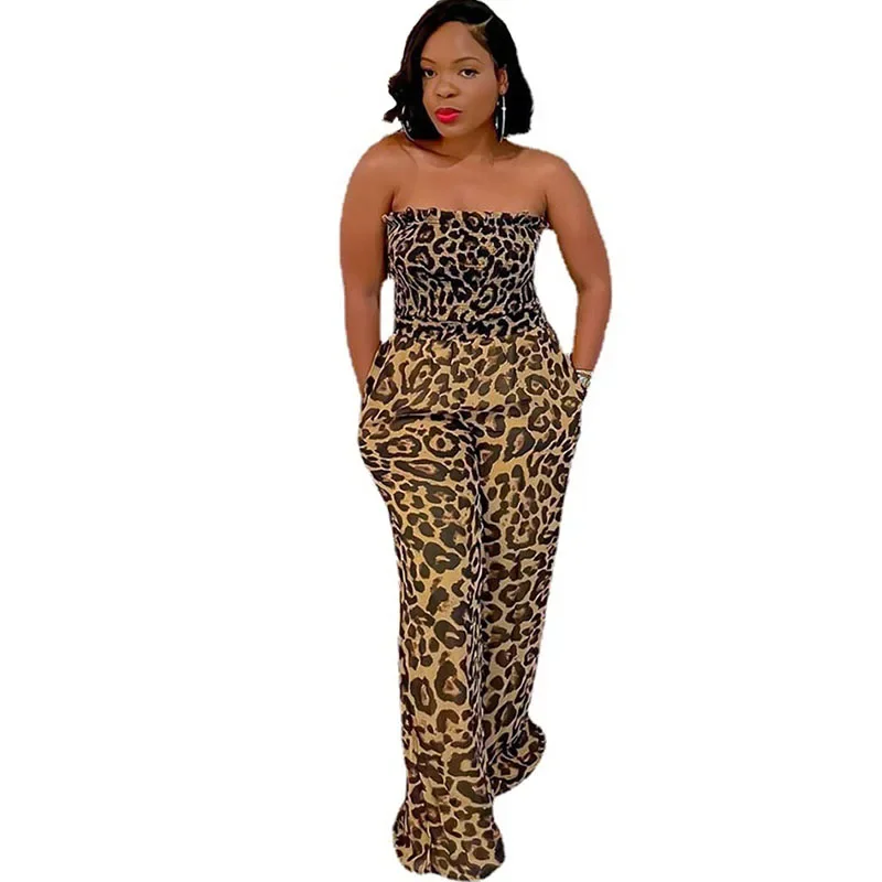 Sexy Leopard Print Jumpsuit Women Party Midnight Backless Bandage Wide Leg Rompers Womens Jumpsuit Elastic Club Overalls Outfits