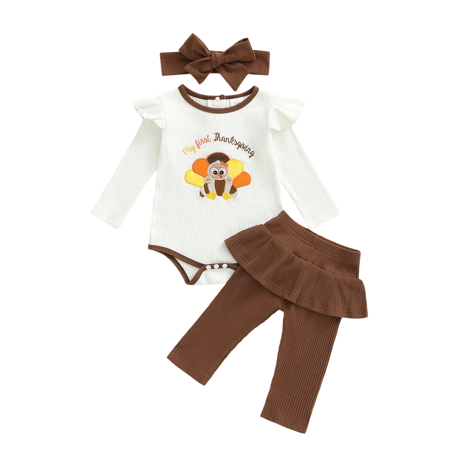 

Baby Girl Thanksgiving Outfits Letter Turkey Embroidery Long Sleeve Round Neck Romper Pants Bow Headband 3 Pcs Set