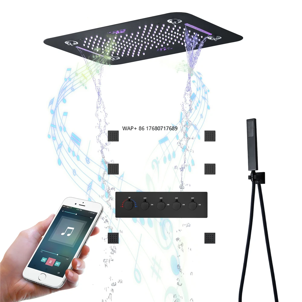 

Modern Wall Mount Bathroom Shower Faucet Brass Shower Valve LED 23x15 Inch Rain Waterfall Head with Sound System