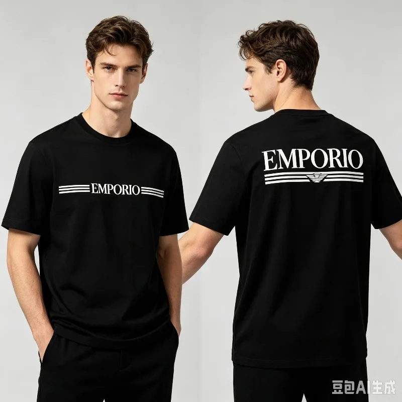 “EMPORIO” Horizontal Line Graphic T-Shirt Men’s Front Small Print Back Large Print Soft Modal Crewneck Tee Casual Top