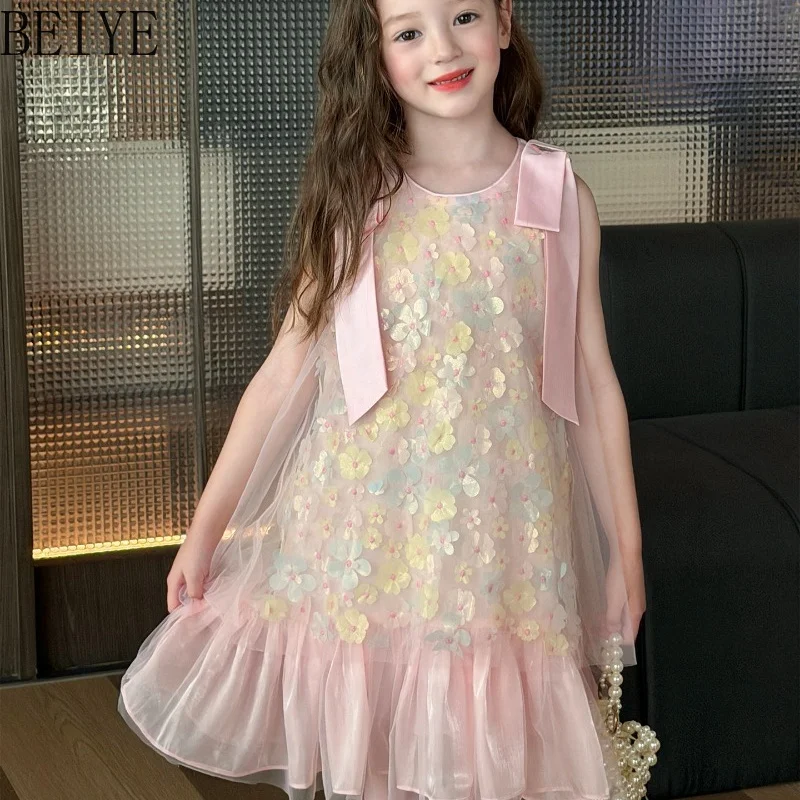 Summer Children's Sweet Mesh Tank Dress Sleeveless Pink Sequin Floral Dress Baby Girls' Birthday Party Sweet Daily Dress