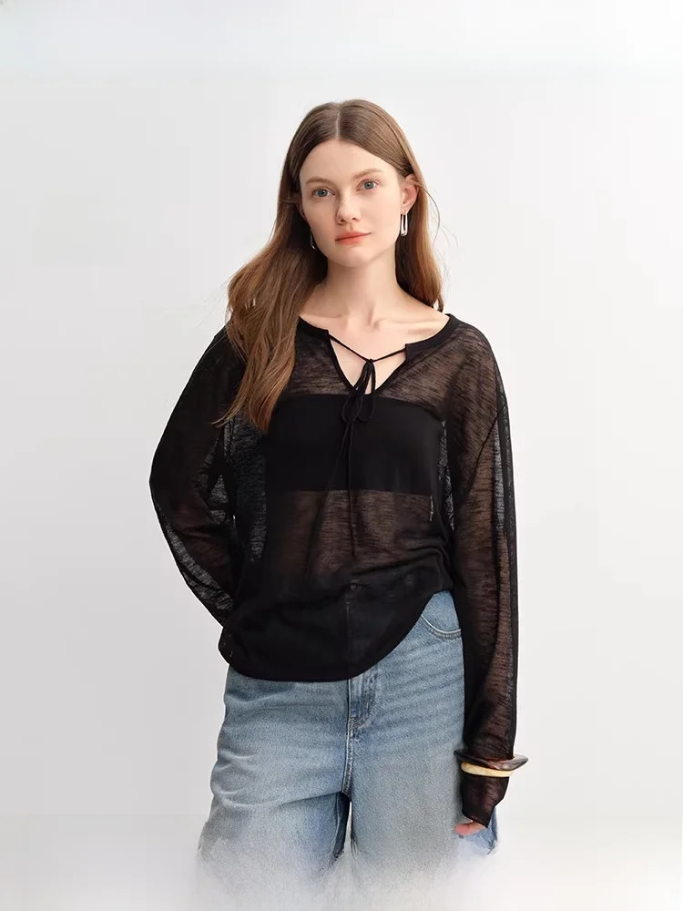 

Женская трикотажная рубашка свободного кроя большого размера, летняя, тонкая, с защитой от солнца, с поясом, утягивающая, с V-образным вырезом, с длинными рукавами, повседневный топ