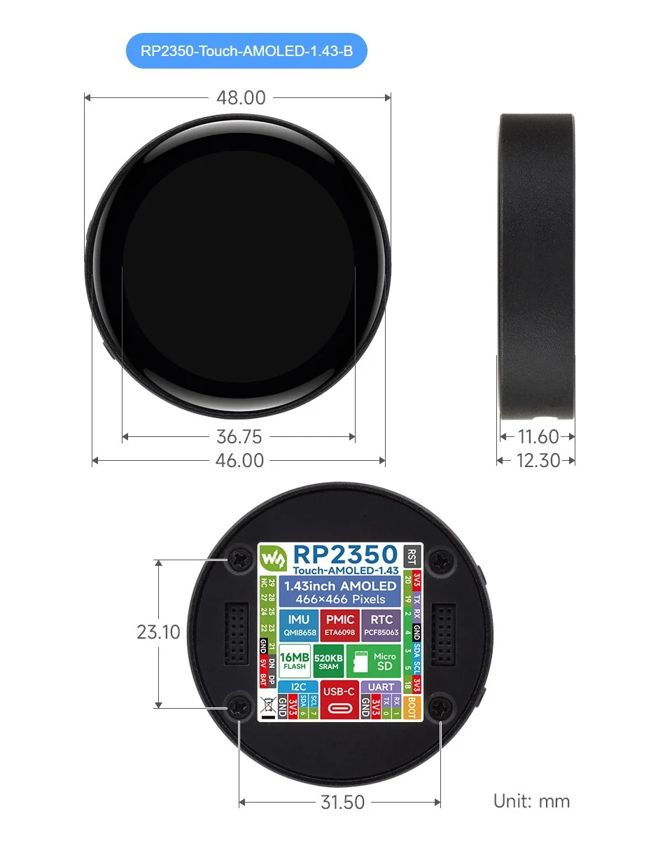 Placa de desenvolvimento de display RP2350 de 1,43 polegadas, display redondo de interface SPI, acelerômetro integrado e sensor giroscópio, chip RTC