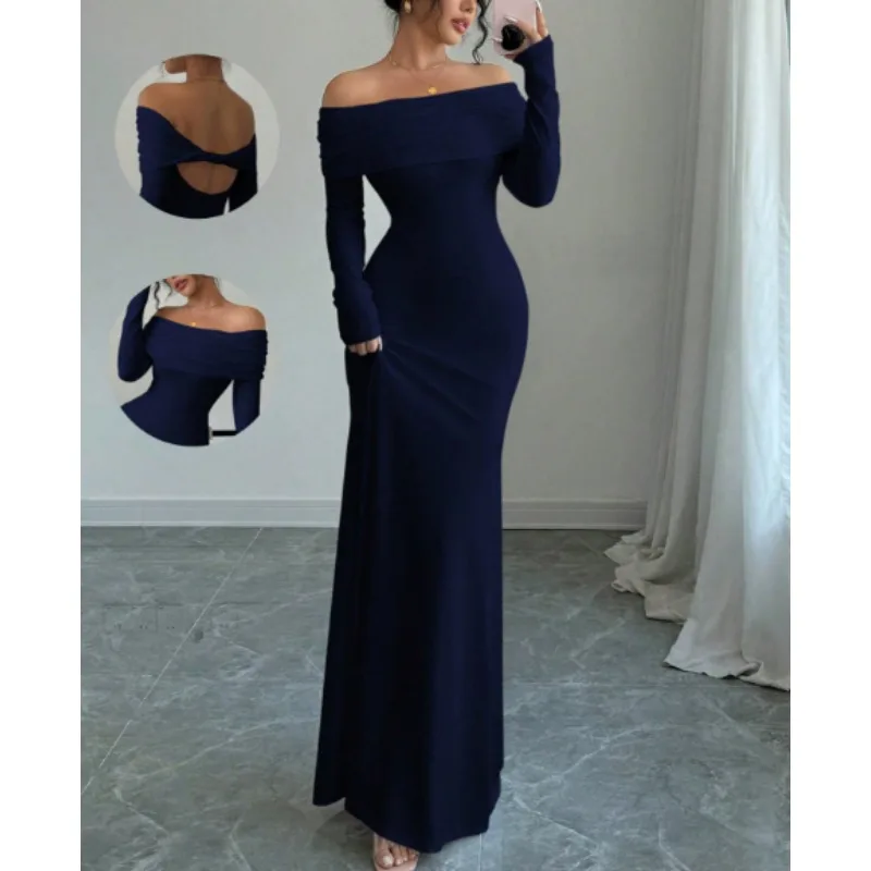 Vestido de noche clásico personalizado de Jersey rosa, vestido de fiesta con espalda abierta y espalda descubierta de manga larga sin tirantes de alta calidad