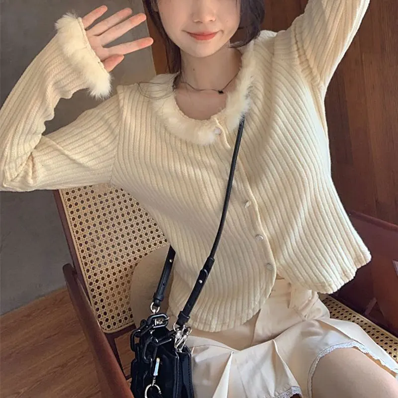 

Fur Collar Fashion Spliced Pullovers Spring Autumn Solid Color Basic Women's Clothing Single-breasted Basic Long Sleeve T-shirt