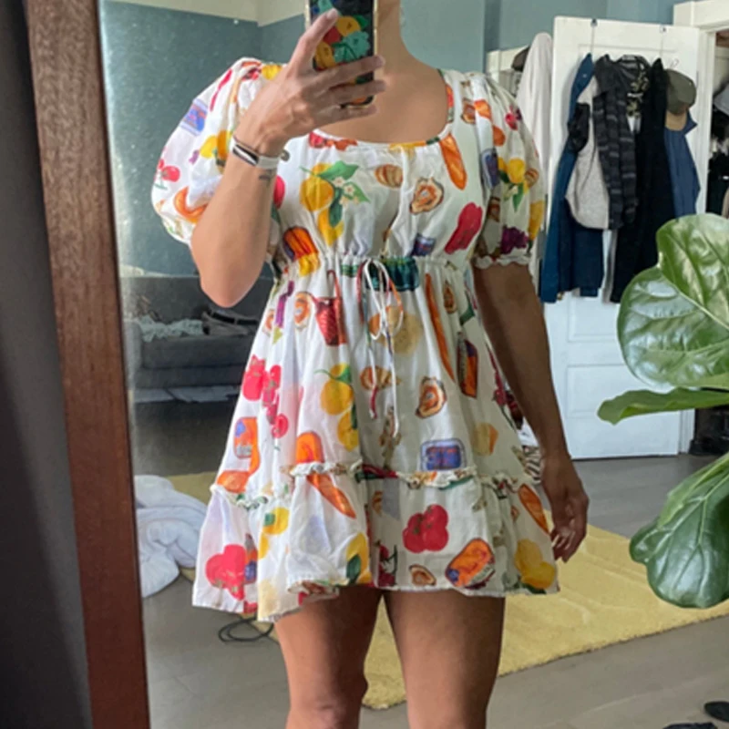 

Kawaii Frill Trim Loose Fit Short Dress Cutest Fruit Print Puff Sleeves A-line Dress Aesthetic Vintage Cottage Y2K Mini Dress